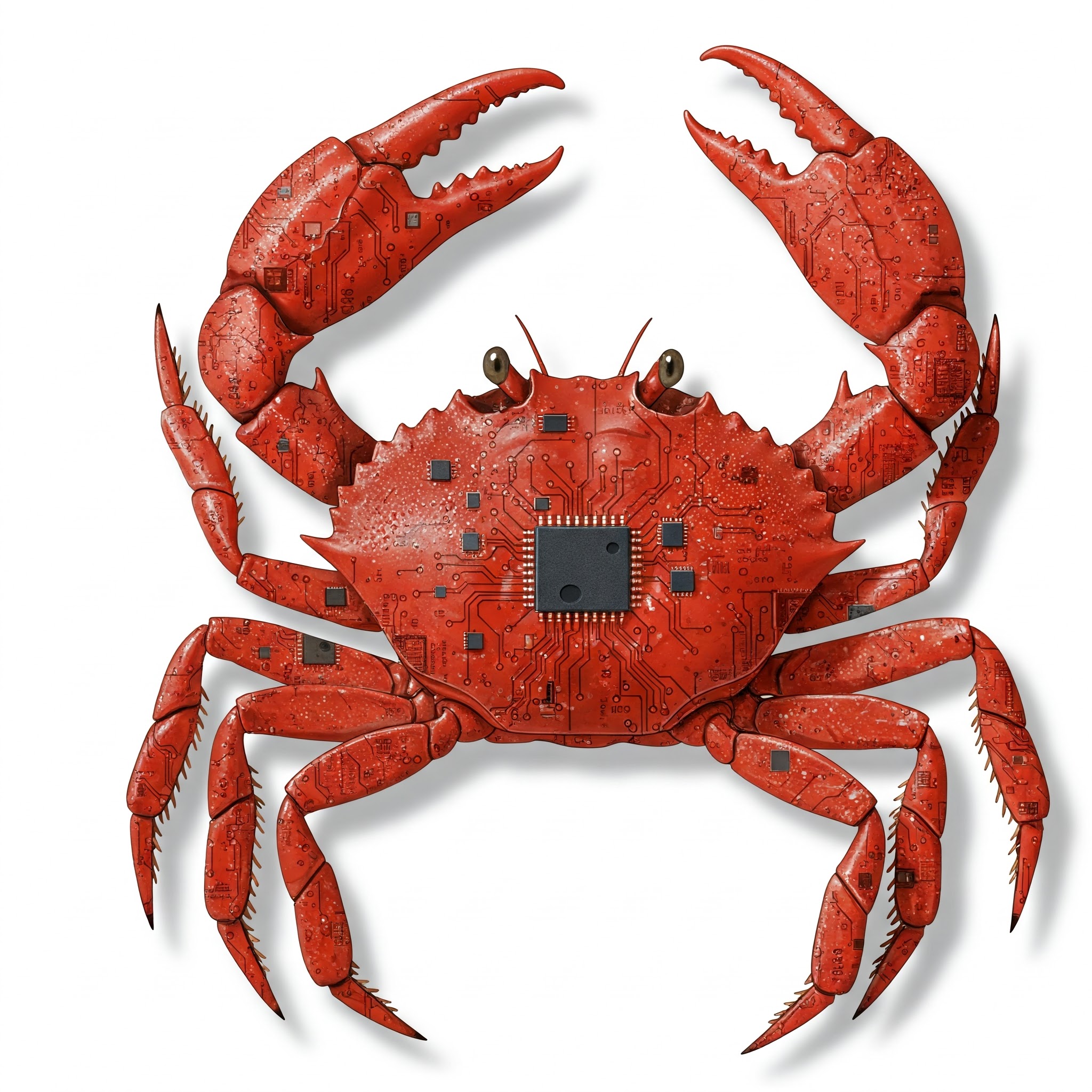 AI-generated drawing of a detailed crab with a microchip in its back.