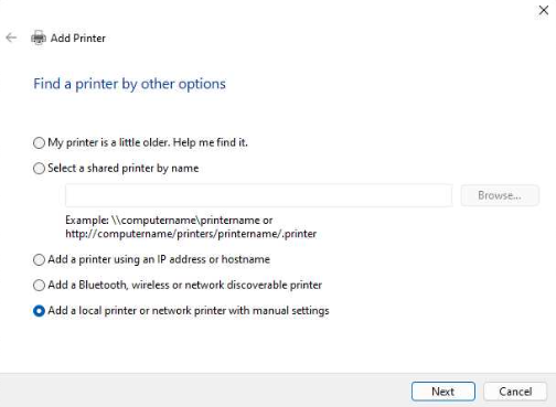 Windows Add Printer dialog showing options to find a printer, with 'Add a local printer or network printer with manual settings' selected.