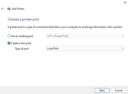 Windows Add Printer 'Choose a printer port' screen, selecting 'Create a new port' with type 'Local Port'.