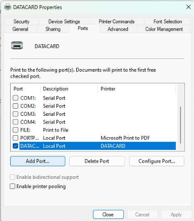 Ports tab in DATACARD printer properties, with the 'Add Port...' button highlighted.