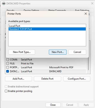Printer Ports dialog showing available types, with 'Standard TCP/IP Port' selected and the 'New Port...' button highlighted.
