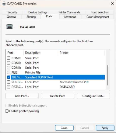 DATACARD Properties Ports tab showing the newly selected '192.16... Standard TCP/IP Port' with the 'Apply' button highlighted.